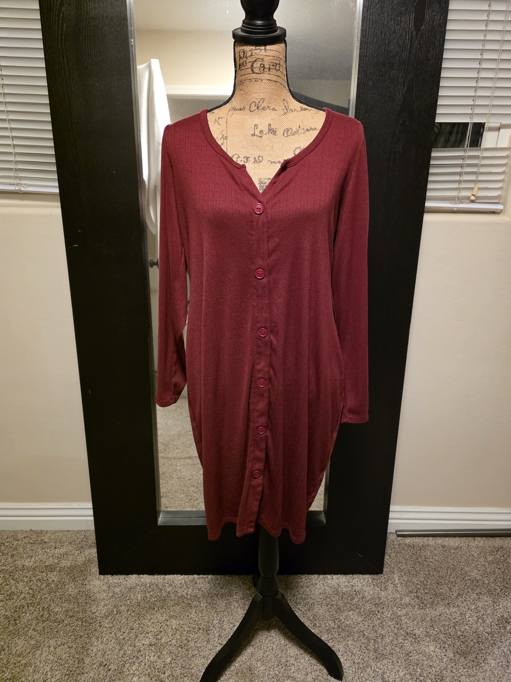 Women's Button-Front Rib Knit Dress - Burgundy